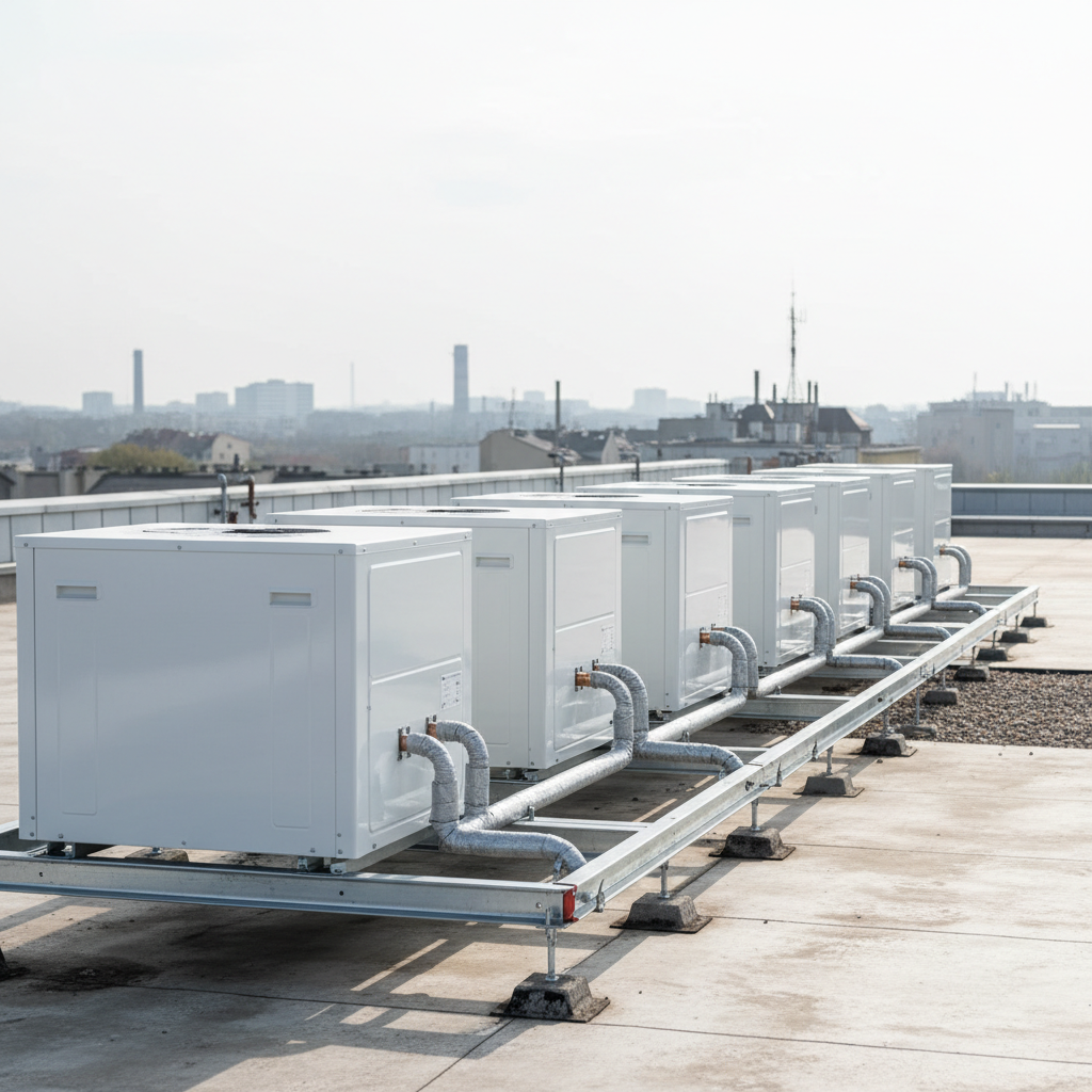An open rooftop scene showing a row of newly installed commercial HVAC outdoor units and compact heat pumps aligned on metal support frames. Each unit has clean white casings, visible label areas without readable text, and carefully routed insulated pipes secured with clips. The sky is bright but slightly overcast, producing diffused, even lighting with minimal glare on the metal surfaces. Photographic realism, shot from a waist-level perspective with a wide-angle composition to capture depth as the units recede toward the horizon. The mood is technical and orderly, emphasizing large-scale professional installations, with distant, softly blurred urban rooftops in the background suggesting a Polish cityscape without identifiable landmarks.