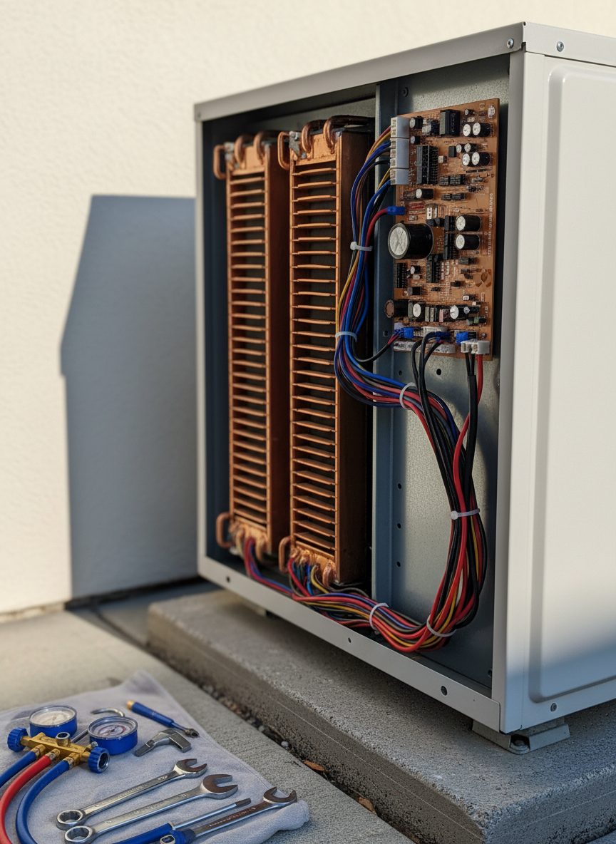 A tidy service workspace with an open outdoor AC unit panel revealing its internal components: clean copper coils, a neatly labeled circuit board without legible text, and organized wiring looms. The unit stands on a stable concrete base against a neutral plaster wall, with a compact set of HVAC service tools and pressure gauges arranged on the ground nearby, clearly visible but not dominant. Bright, natural daylight from the right creates crisp highlights on metal parts and distinct shadows that add depth. Photographic realism, captured from a close, slightly angled perspective to emphasize technical detail and maintenance readiness, communicating expertise in diagnostics, repair, and regular servicing of air conditioning systems.