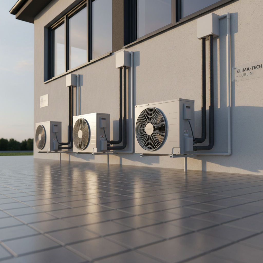 A modern exterior façade of a small commercial building in the Lublin region, with three identical outdoor heat pump units neatly aligned along a clean, light-colored wall. Each unit features a large, visible fan behind a precise metal grille, with insulated piping running in parallel lines into protective trunking. The paved ground is spotless, with subtle reflections on the slightly damp concrete. Early evening natural light casts soft, directional shadows that emphasize the geometry of the units and pipework. Photographic realism, captured from a low, slightly wide-angle perspective to give a sense of scale and professionalism, creating a dependable, business-focused atmosphere ideal for a company specializing in installation and maintenance of climate systems.
