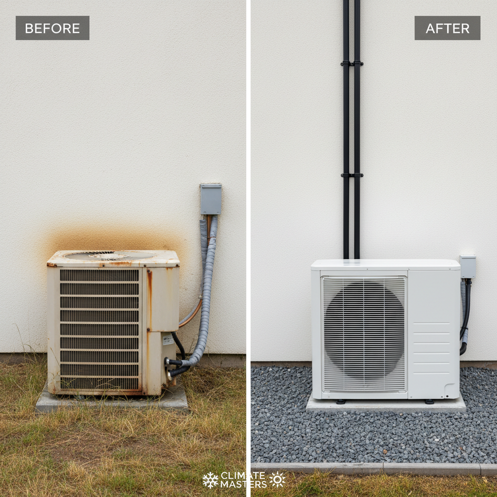 A detailed before-and-after comparison of a residential climate control installation, split into two vertical halves. On the left, an old, slightly discolored outdoor AC unit with worn fins and messy piping, set against a stained wall and patchy grass. On the right, a brand-new, energy-efficient heat pump system with a crisp white housing, straight, insulated pipes, and a freshly painted wall with tidy gravel around the base. Overcast daylight ensures consistent, diffused lighting across both halves, highlighting the contrast in condition and workmanship. Photographic realism, shot from the same eye-level angle for both sides, creating a professional, trustworthy mood that emphasizes quality upgrades and expert service.